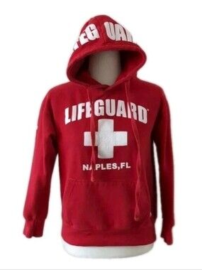 💥 VINTAGE Lifeguard Hoodie Red S Small Naples Florida Y2K Beach Pullover